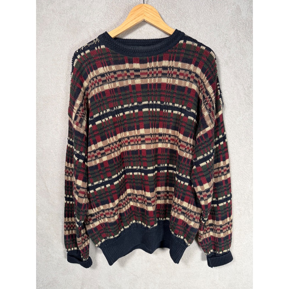 VTG Stone Haven Mens XL Plaid Crewneck Sweater Navy Green Red Ramie Cotton